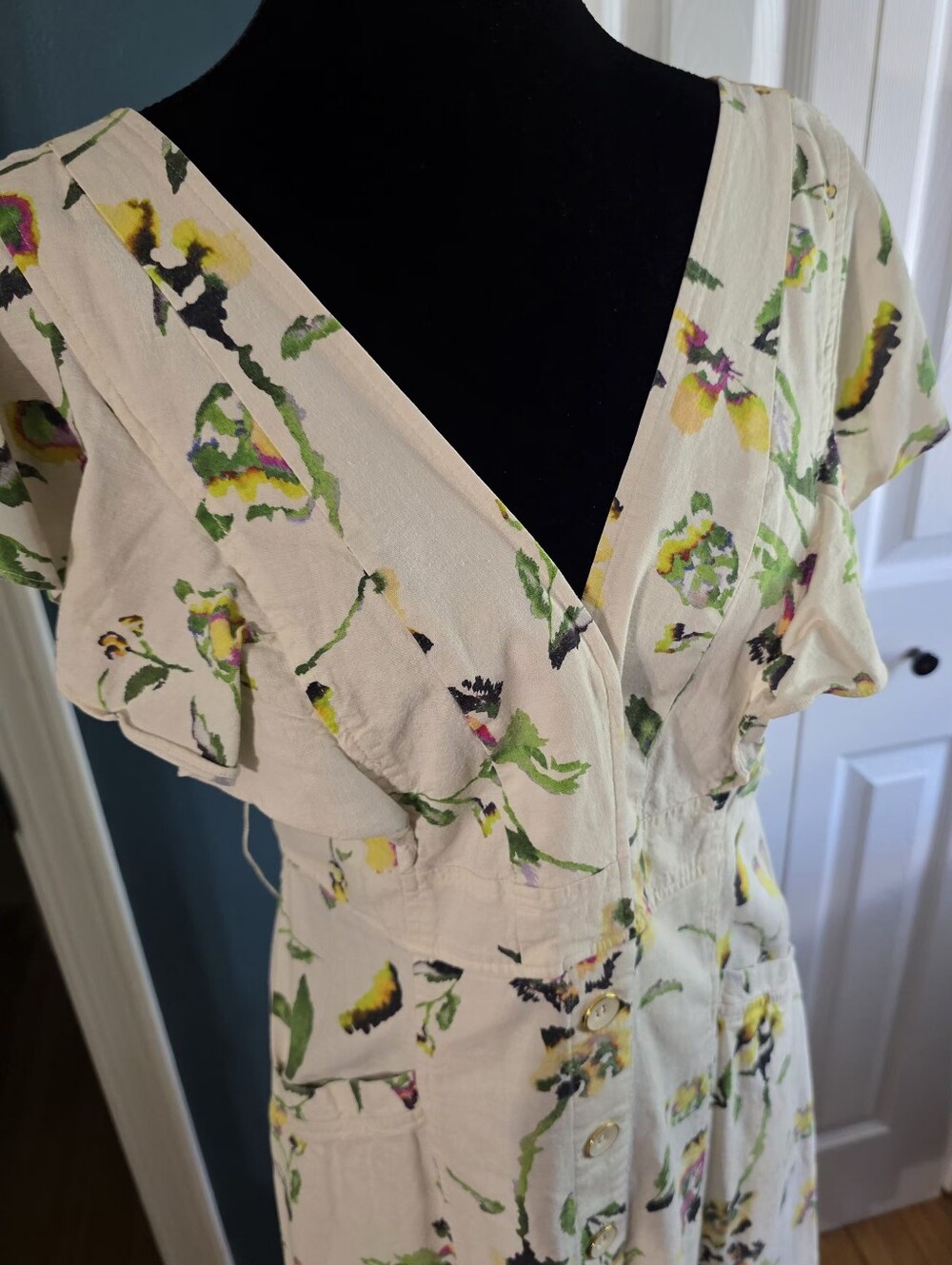 Tanya Taylor Floral V-Neck Button Front Dress in Cream and Green